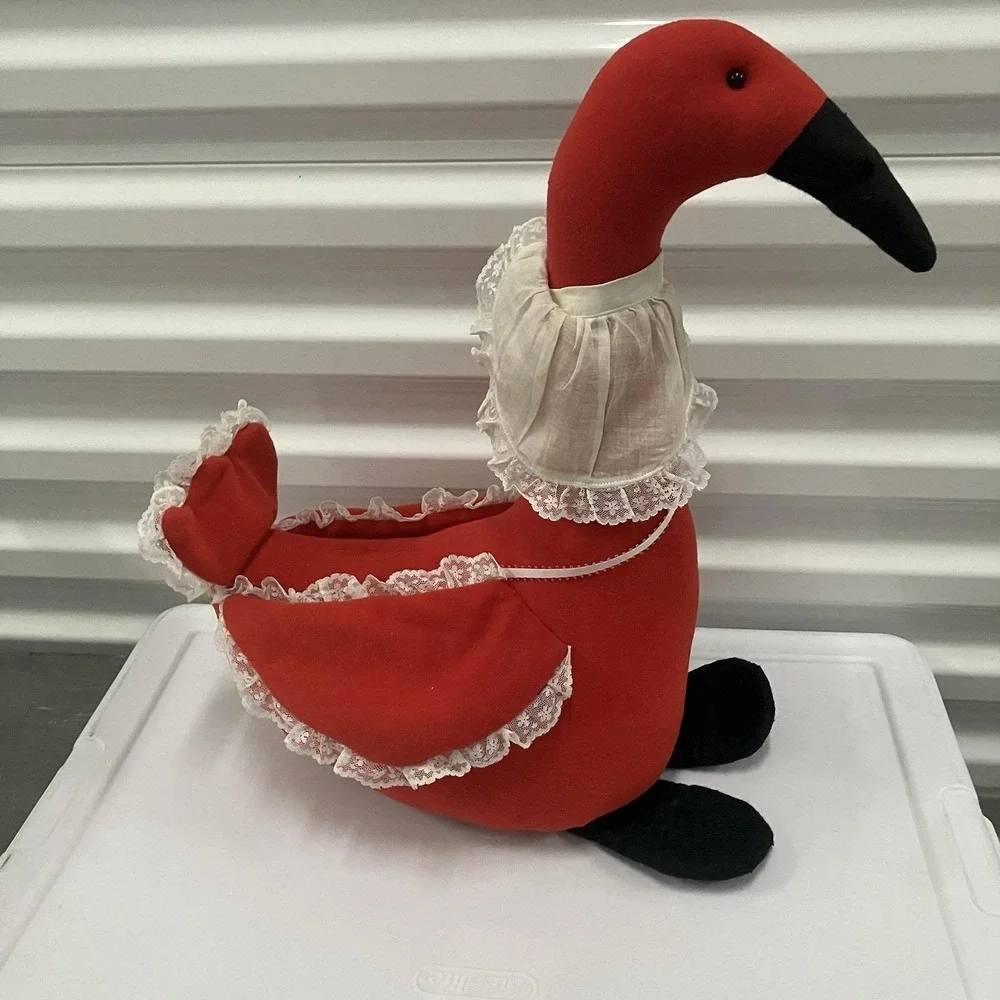 VTG Plush Porch Goose Door Stopper Decor Red Apron Prairie Lace Trim Duck